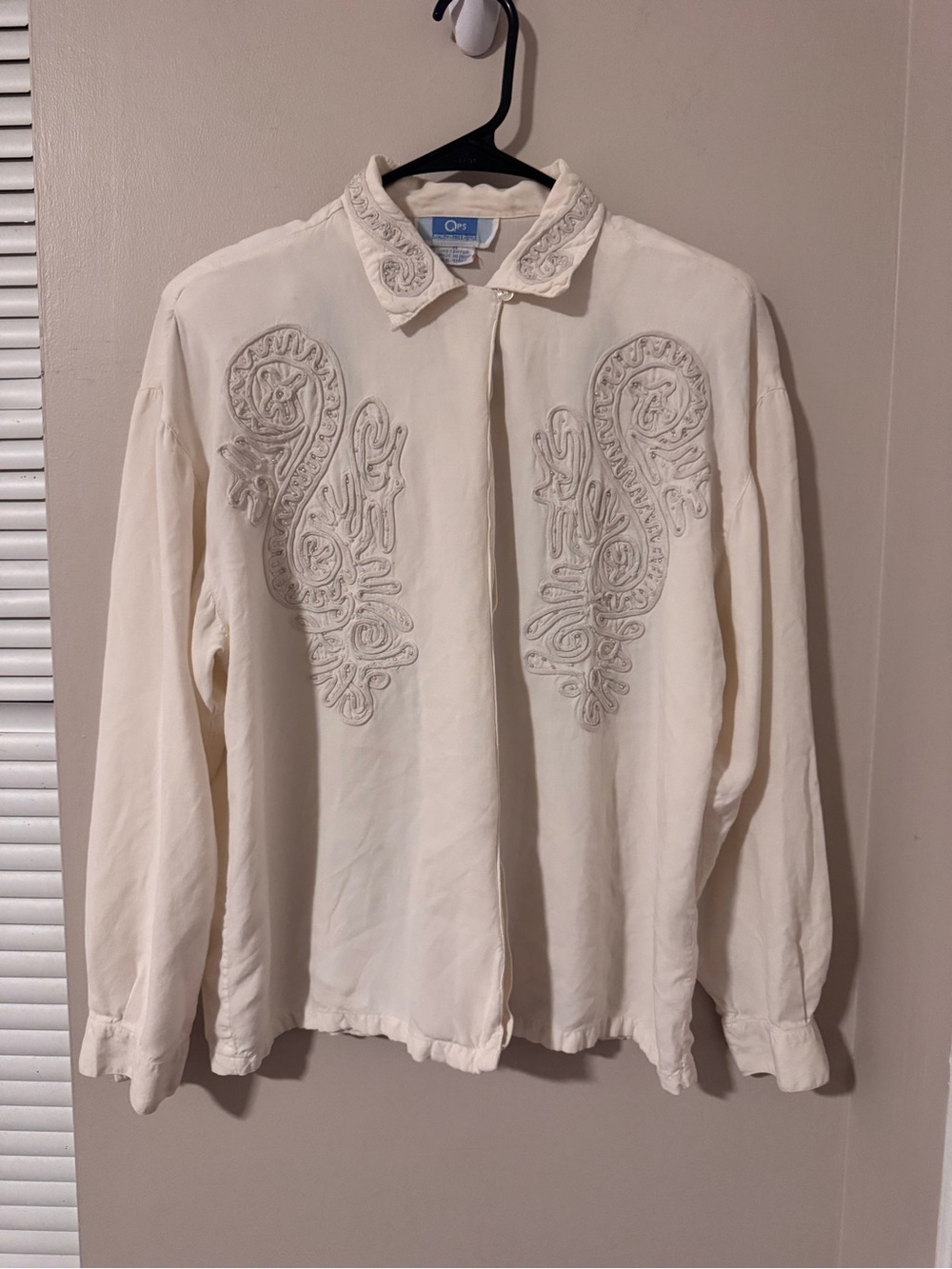 Vintage QPS 90s Cream Rayon Embroidered Western Blouse Cottagecore Boho M